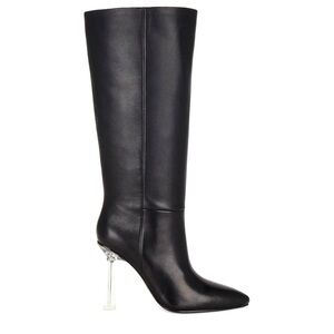 RAYE Black Leather Knee-High Boots with Clear Stiletto Heel